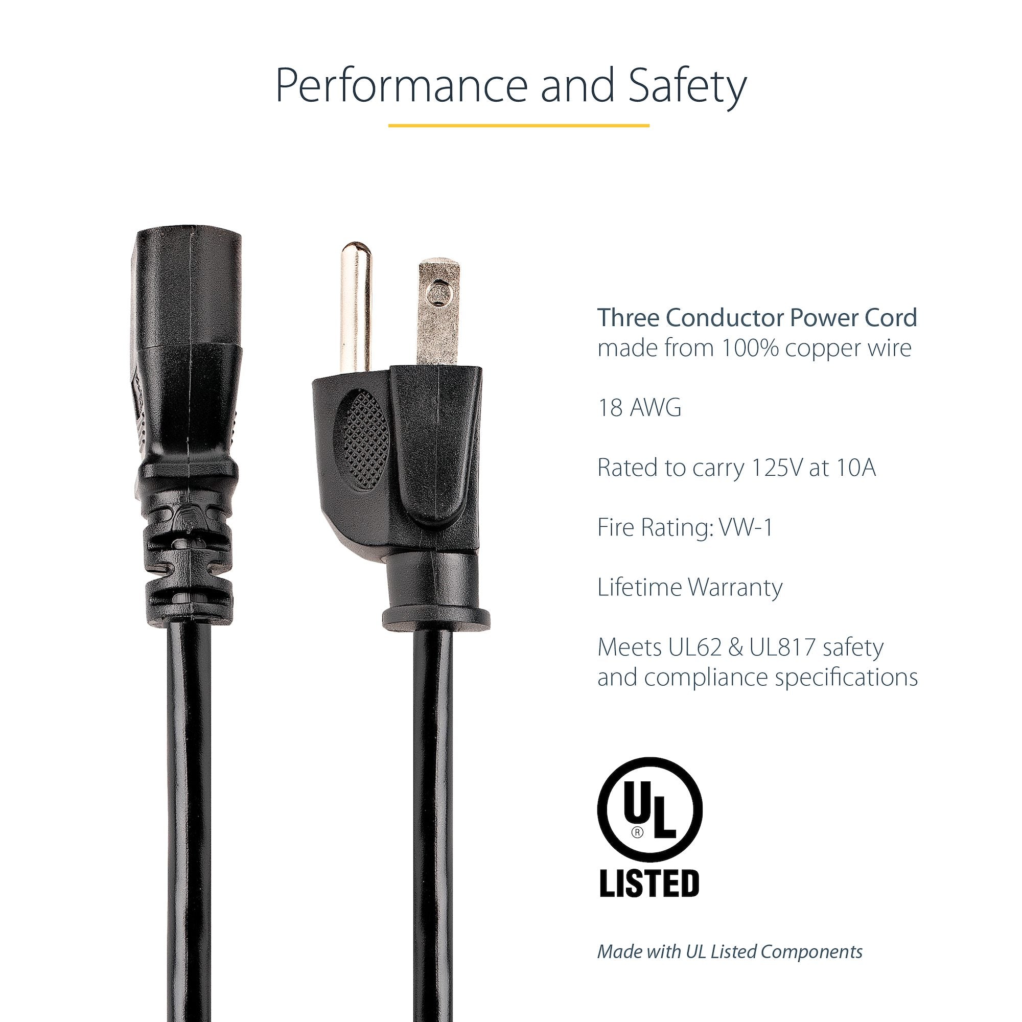 Startech PXT101 6ft (1.8m) Computer Power Cord, NEMA 5-15P to C13, 10A 125V, 18AWG, Black Replacement AC Power Cord, Printer Power Cord, PC Power Supply Cable, Monitor Power Cable - UL Listed