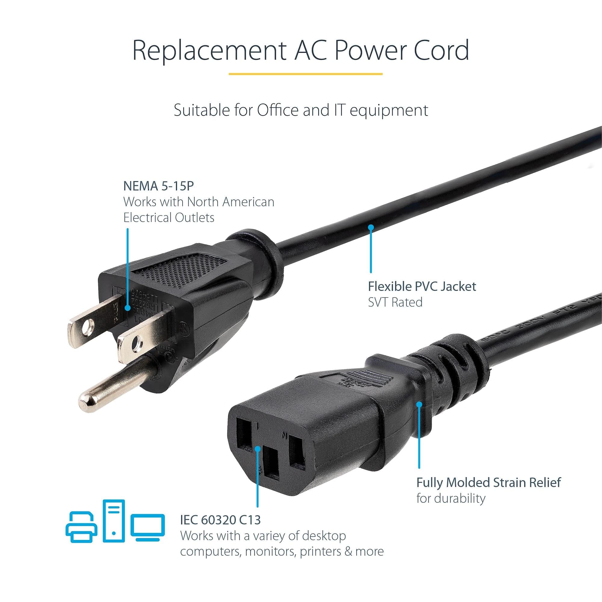 Startech PXT10112 12ft (3.6m) Computer Power Cord, NEMA 5-15P to C13, 10A 125V, 18AWG, Black Replacement AC Power Cord, Printer Power Cord, PC Power Supply Cable, Monitor Power Cable - UL Listed