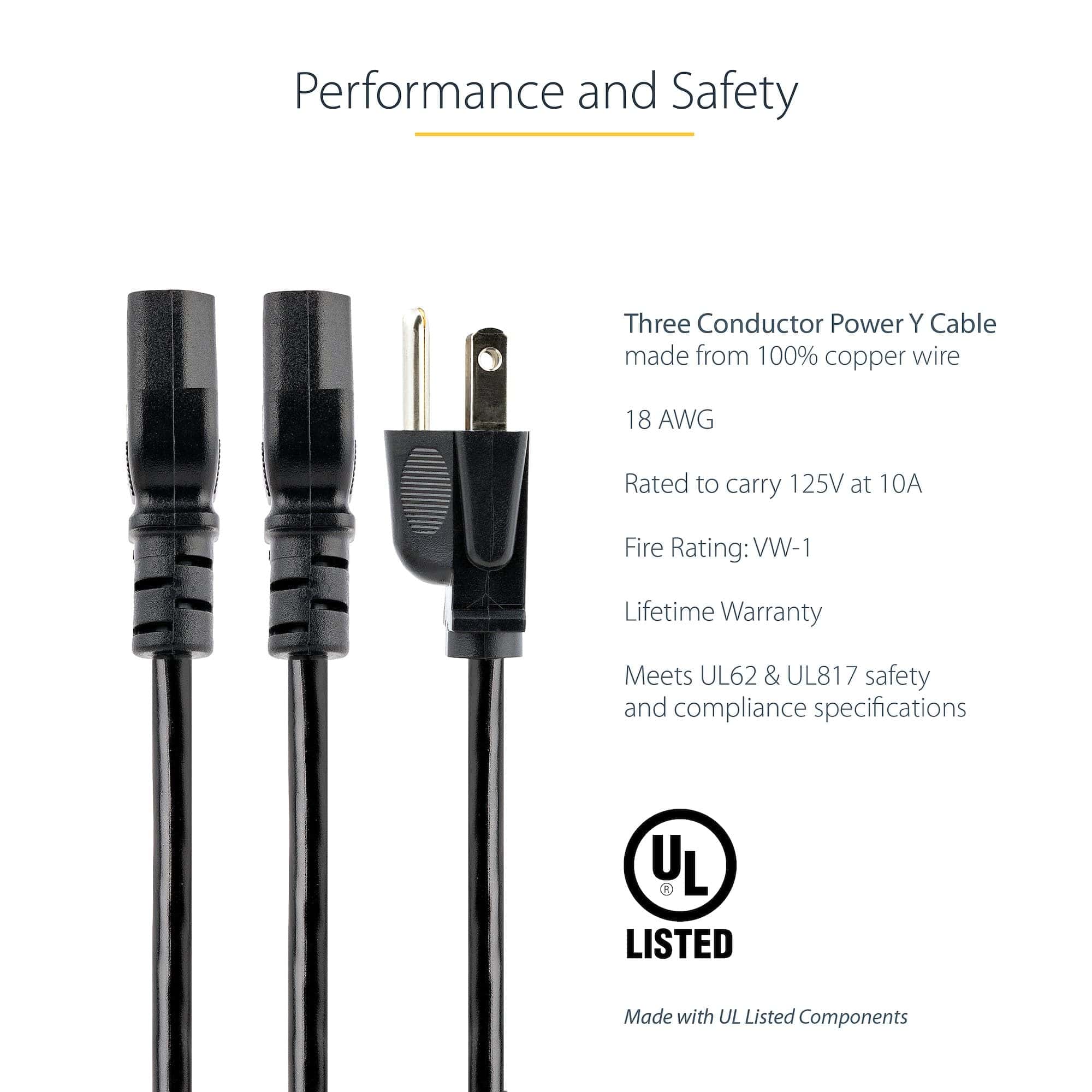 Startech PXT101Y10 10ft (3m) Computer Power Cord, NEMA 5-15P to 2x IEC 320 C13, 10A 125V, 18AWG, Black Replacement AC Power Cord, Printer Power Cord, PC Power Supply Cable, Monitor Power Cable - UL Listed