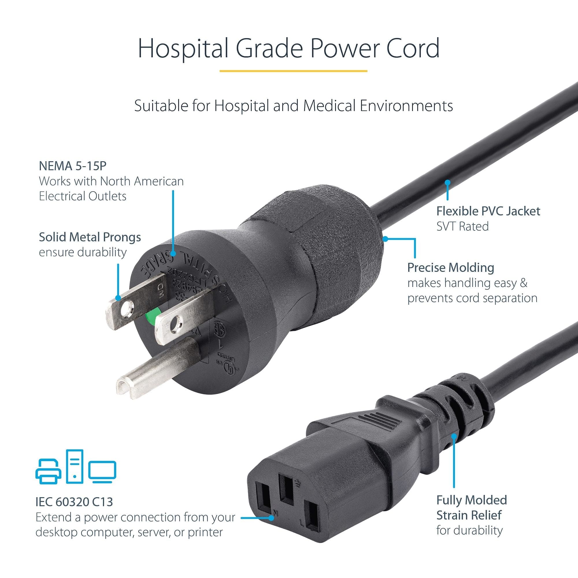 Startech PXTMG1016 6ft (2m) Hospital Grade Power Cord, 18AWG, NEMA 5-15P to C13, 10A 125V, Green Dot Medical Power Cable, PC Power Supply Power Cable, Printer / Monitor Power Cable - UL Listed