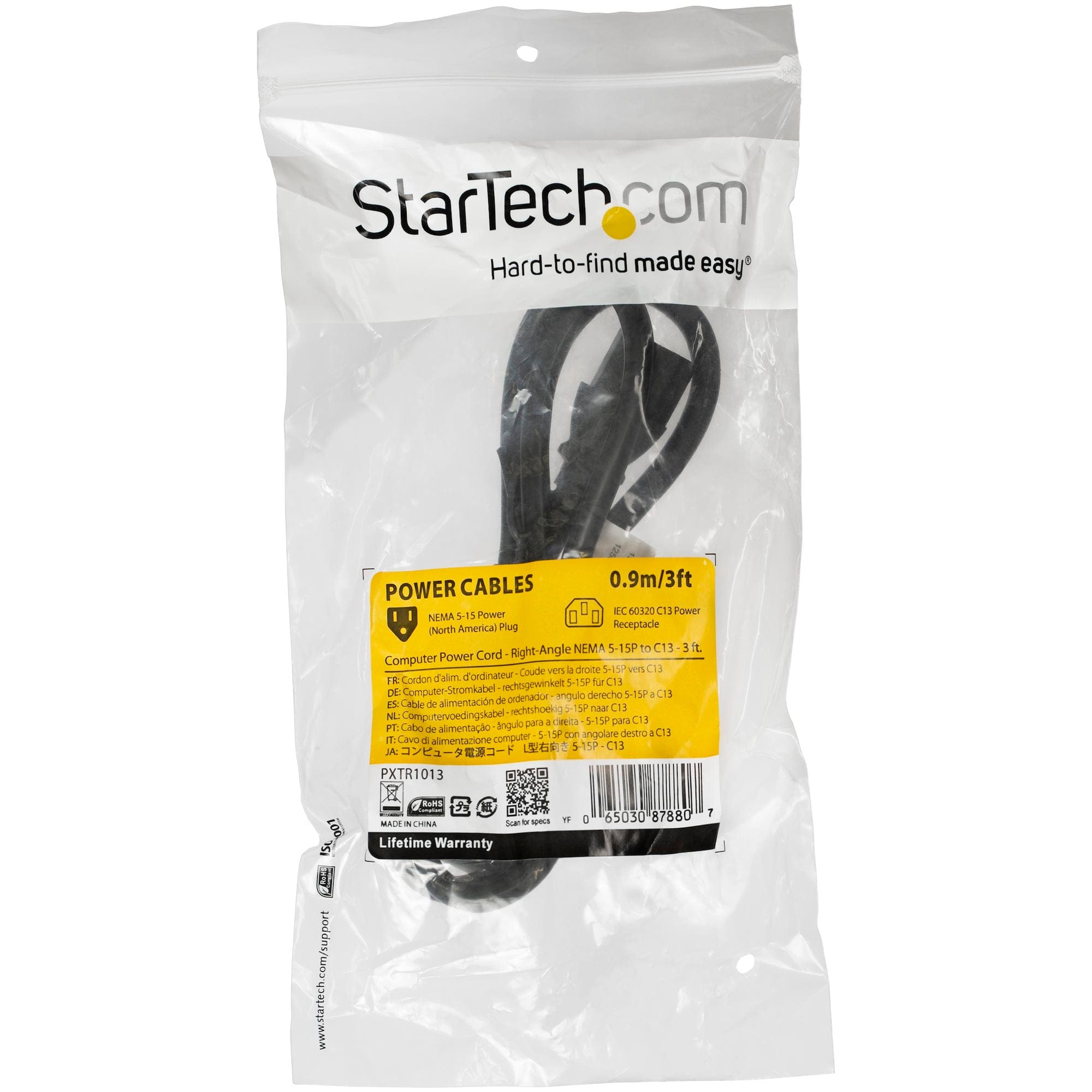Startech PXTR1013 Power Cord - Right-Angle NEMA 5-15P to C13 - 3 ft.