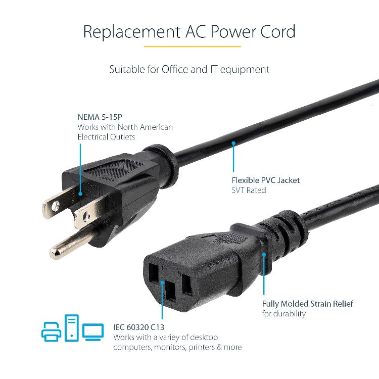 Startech PXT101146 6FT 14AWG Heavy Duty Power Cord NEMA5-15P 15A for Server and PDU