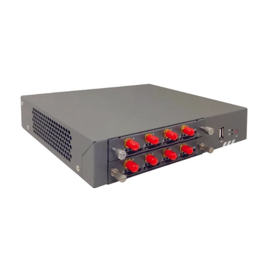 This is an Openvox 8 Port LTE Wireless Gateway with the front antennas, USB, Power Button.