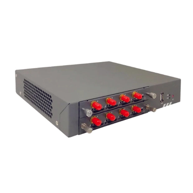 This is an Openvox 8 Port LTE Wireless Gateway with the front antennas, USB, Power Button.