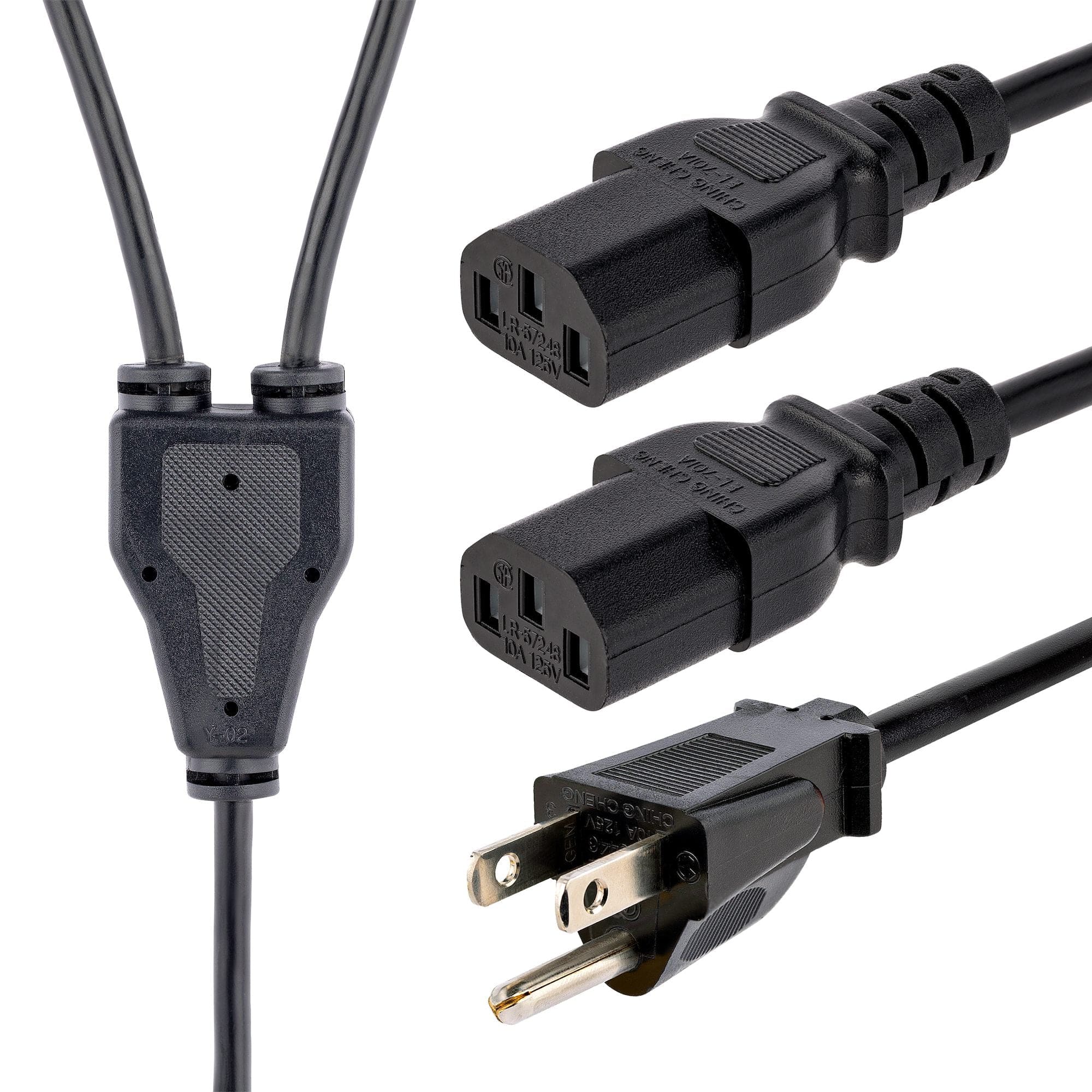 Startech PXT101Y 6ft (2m) Computer Power Cord Y Splitter, NEMA 5-15P to 2x C13, 10A 125V, 18AWG, Black AC Power Splitter Cord, PC Power Supply Cable, Dual Monitor Power Cable - UL Listed